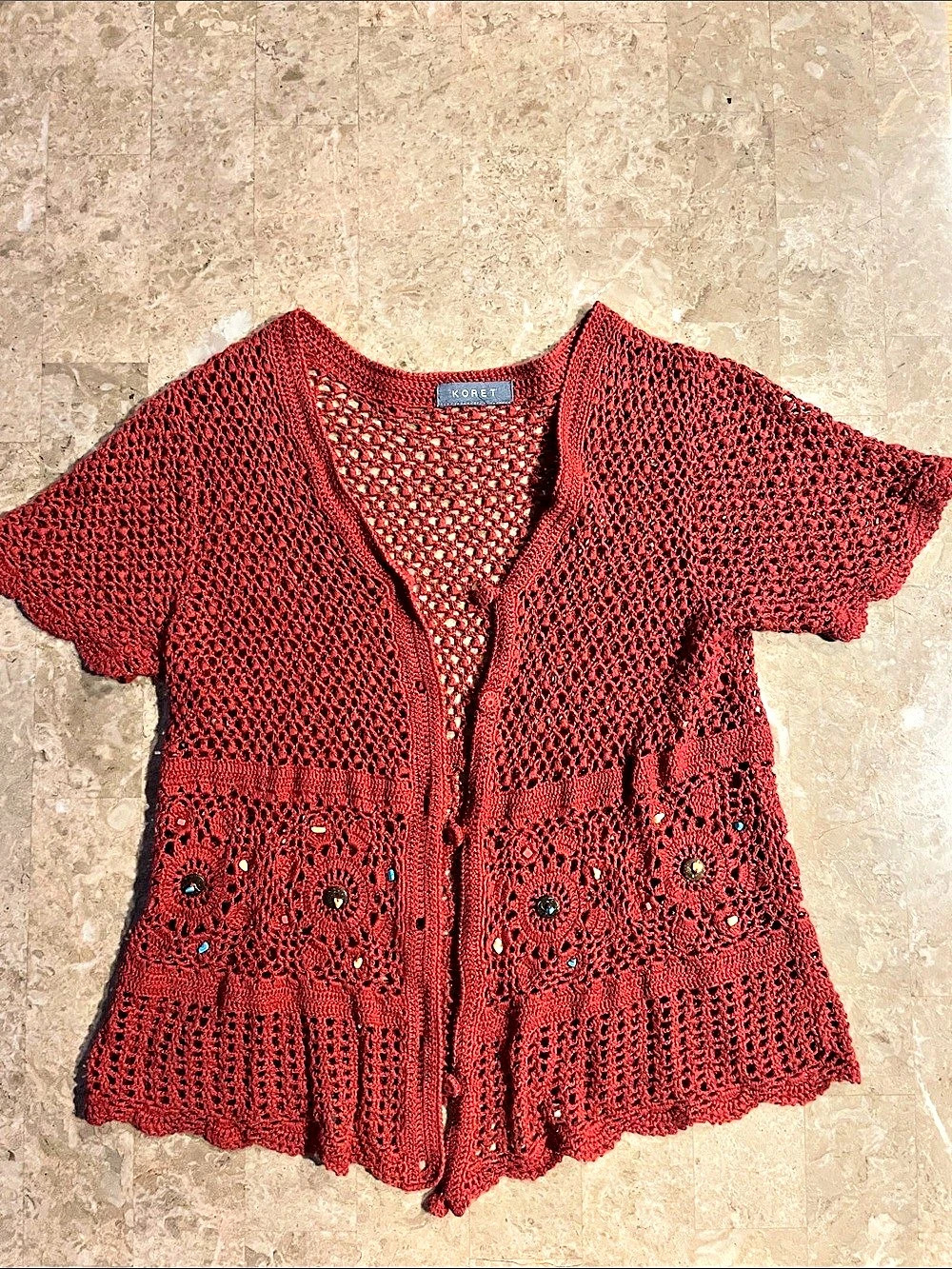 Y2K Koret terracotta Boho Crochet Short Sleeve Cardigan Like New